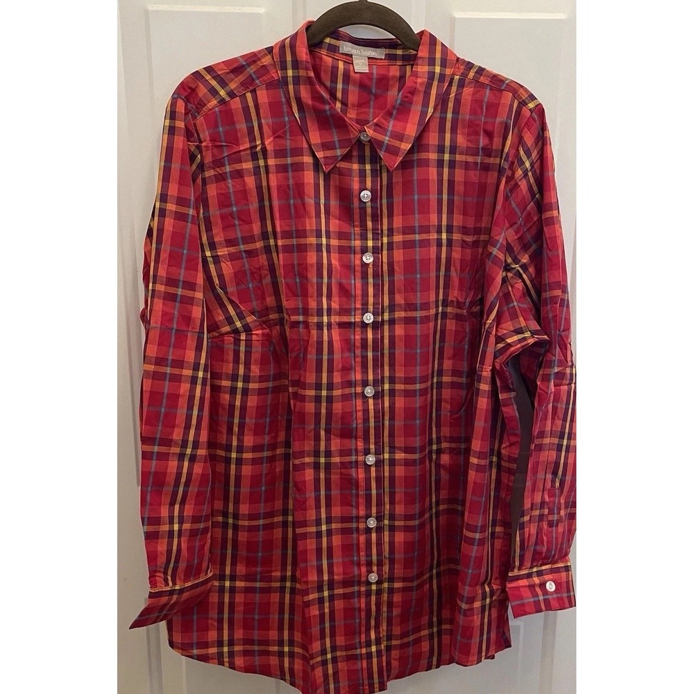 Woman‎ Within Red Plaid Button Up Long Sleeve Shirt 22 24 Preppy Classic New - Picture 2 of 7